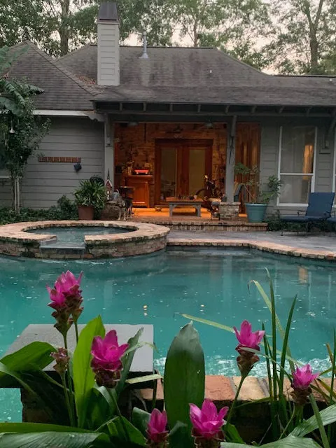 Custom backyard swimming pool with landscaping beside a home